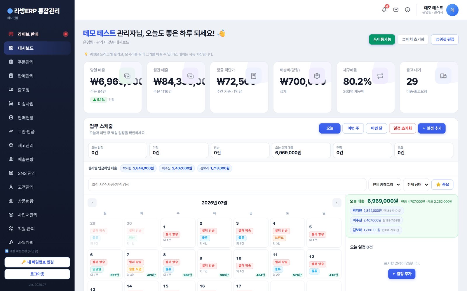 라방ERP 대시보드 — 당일 매출, 재구매율, 셀러별 입금매출, 방송 캘린더.